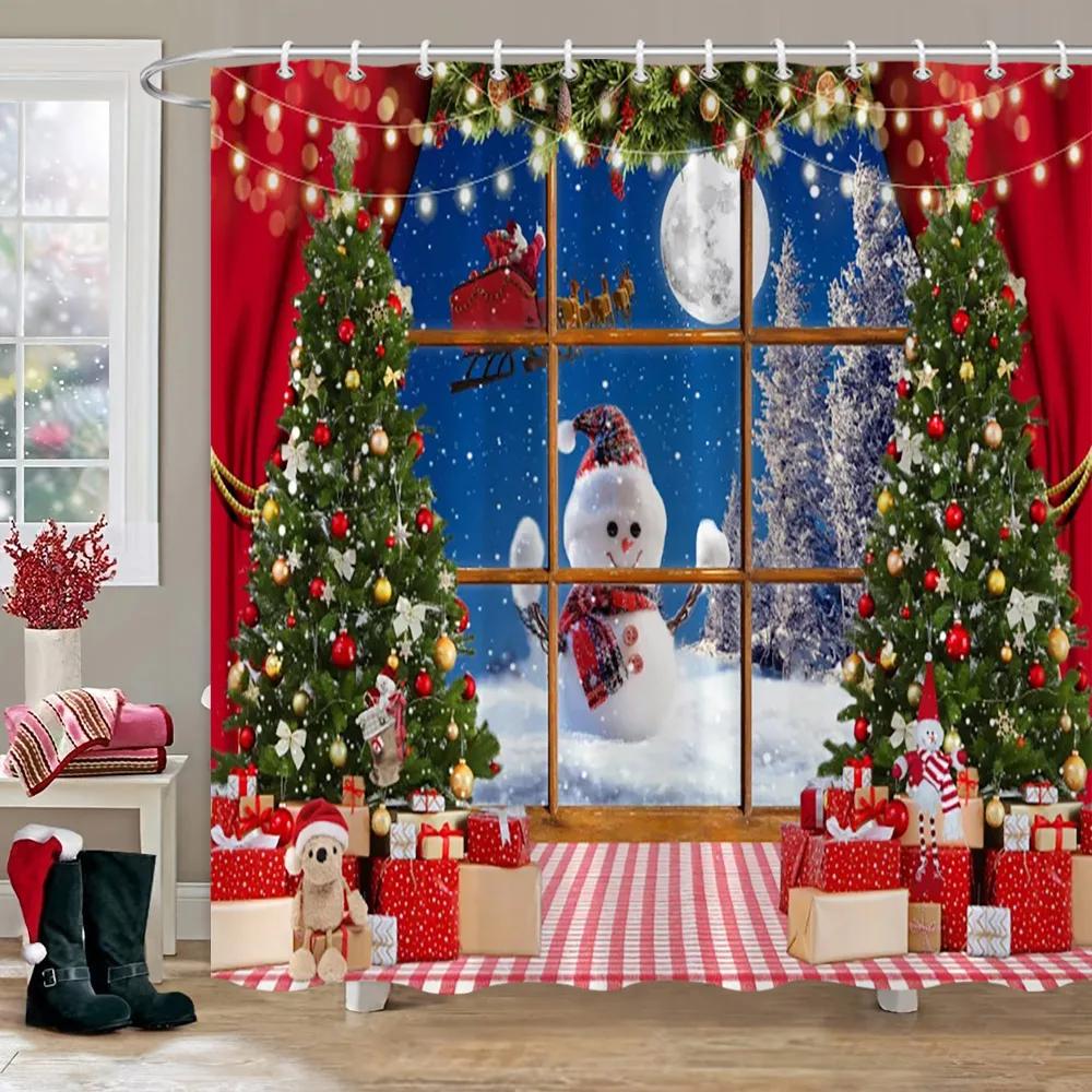 Рождественская вечеринка Занавески для душа Камин Рождественская елка и подарки Снеговик Снежная сцена Моющаяся занавеска для душа Арт Декор для ванной