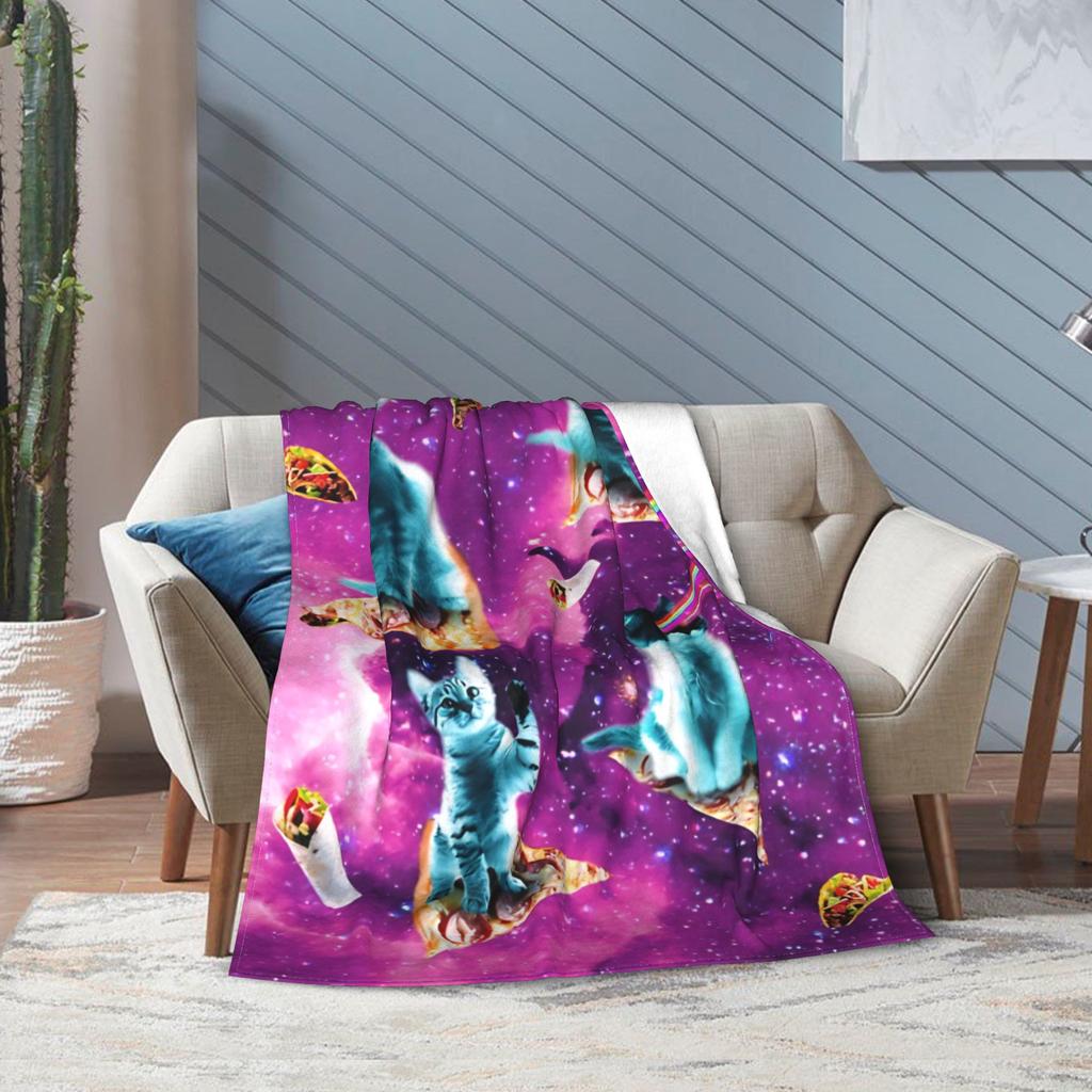 Outer Space Pizza Cat Rainbow Laser Eyes Blanket Flannel Winter Portable Soft Throw Blanket for Bedding