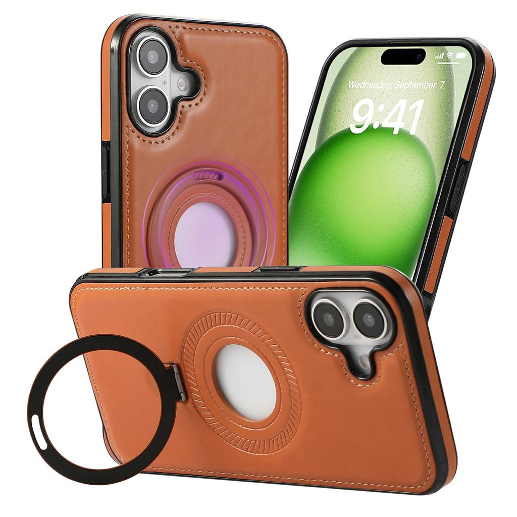 For iPhone 16 Case Magnetic Kickstand PU Leather Coated PC+TPU Phone Cover