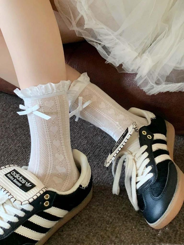 Lolita Lace Frill Mid-Calf Socks with Bow Ribbon - White Ballet Style JK Knee-Highs for Spring & Autumn
