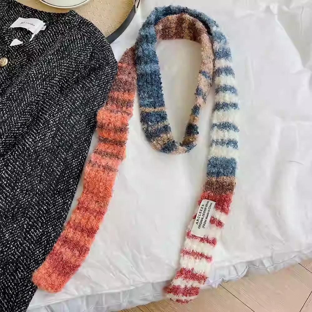 Slender And Long Y2K Striped Plush Scarf Female Niche Design Sense Hot Girl Decorated Scarf