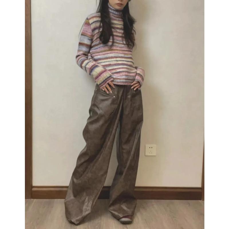 Японский свитер-водолазка Y2k, винтажный пуловер в радужную полоску, корейский модный вязаный джемпер, трикотаж Harajuku в стиле гранж