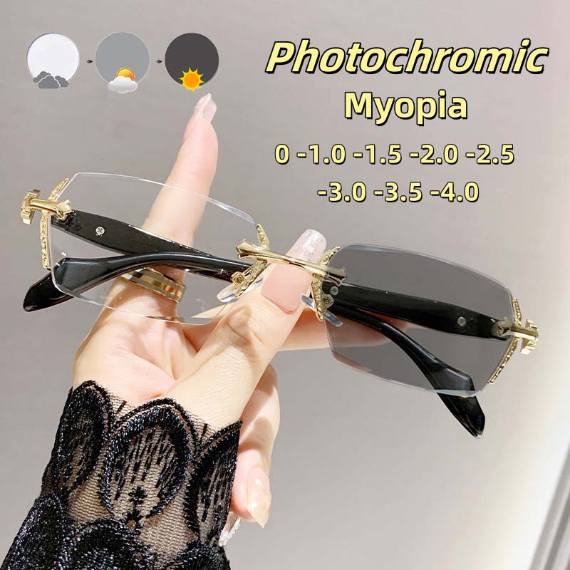 Fashion And Luxurious Photochromic Myopia Glasses Frameless Cut Edge High-End Metal Frame Blue Light Blocking Eye Protection