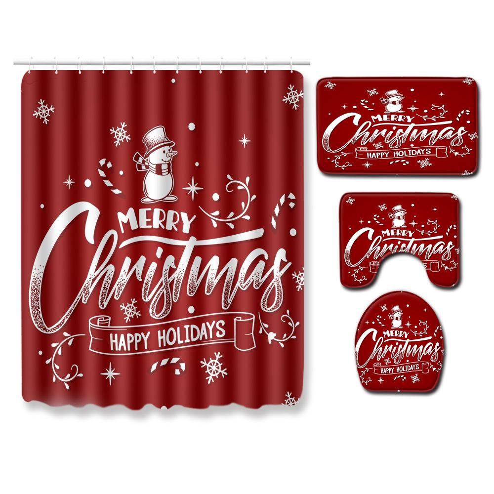 Christmas Shower Curtain Polyester Cloth Toilet Seat Four-Piece Set Entrance Door Mat Bedroom Living Room Floor Mat Carpet