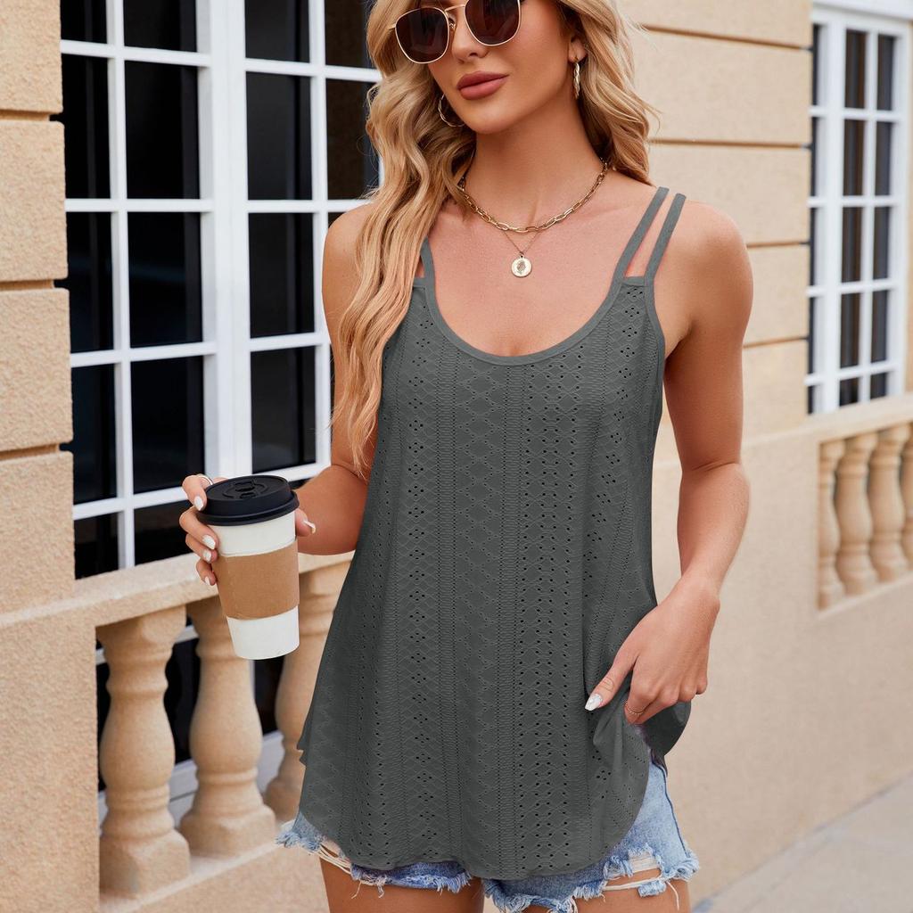 Женские рубашки без рукавов, свободные топы с люверсами, повседневные футболки, летние женские туники с круглым вырезом, футболки
