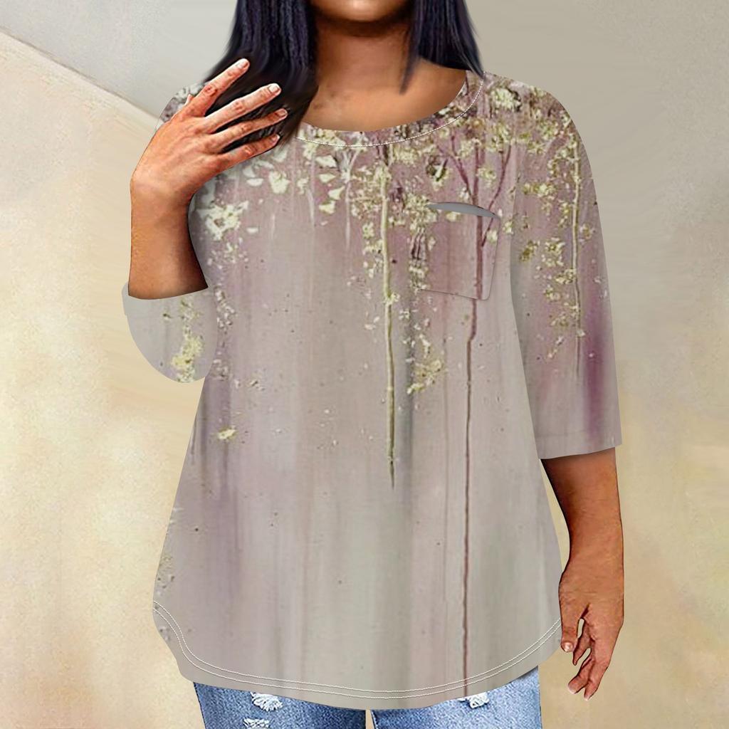 Женский модный повседневный пуловер с круглым вырезом и рукавом три четверти с принтом, топ с рукавами 4/3