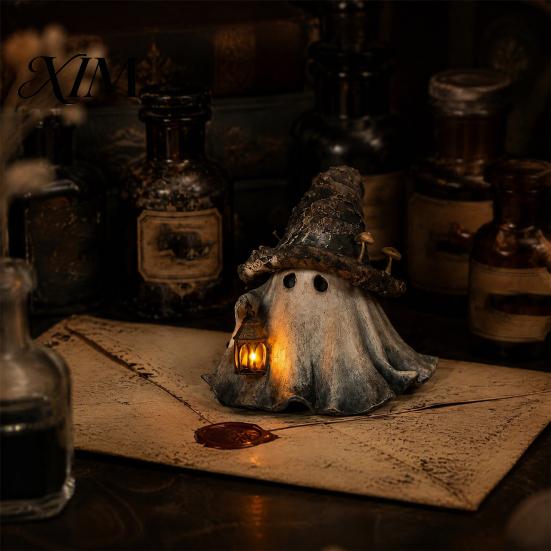 Cute Ghost Night Light Halloween Wizard Hat Resin Figurine with LED Lighted Lantern, Vintage Indoor Party Supplies Witch Statue for Fall