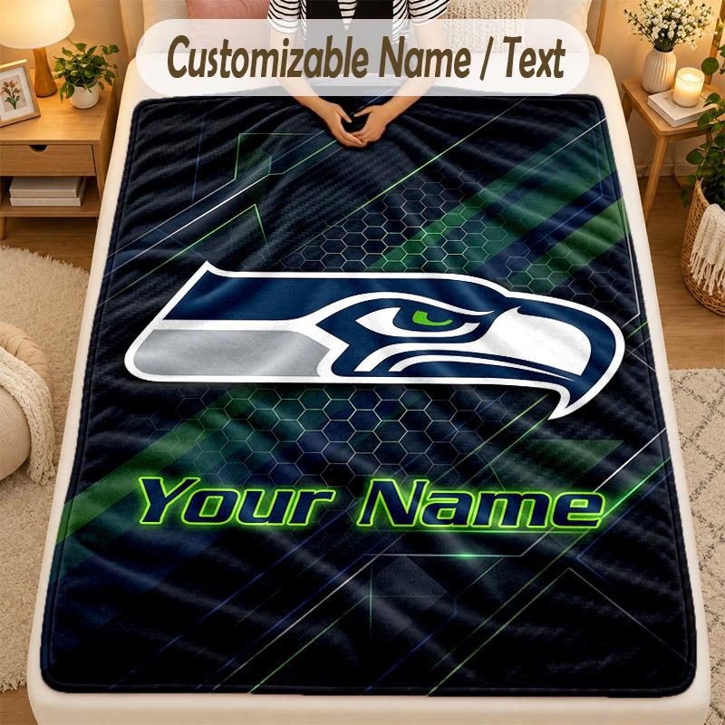 Flannel BlanketSeattle Seahawks Custom Name Text Personalized Soft Warm Throw Blanket Home Decor Gift