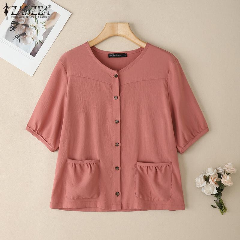 ZANZEA Женская повседневная блузка с круглым вырезом и коротким рукавом, с карманами в стиле пэчворк