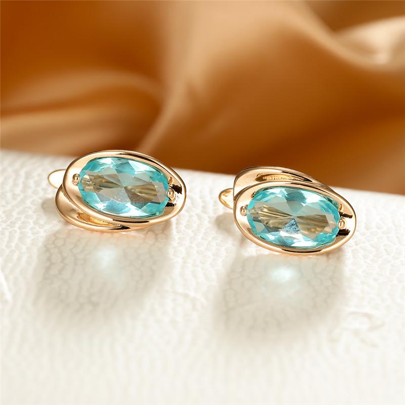 Luxury Gold Color Clip On Earrings Oval Cut Aqua Blue Stone Earrings Drop Dangle Hook Earrings Jewelry