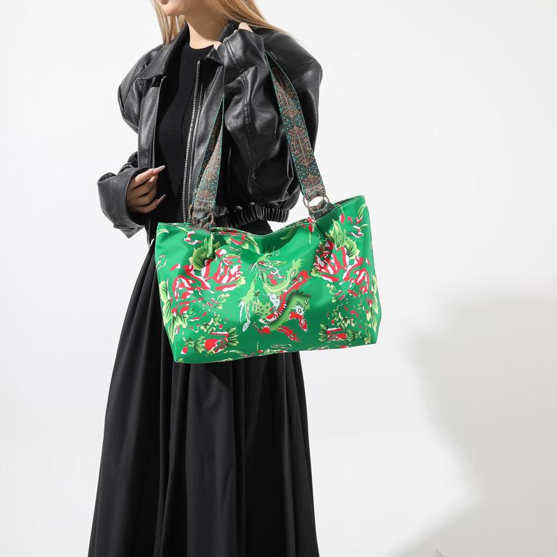 Northeast Big Flower 2024 Spring Literary and Artistic Fan Ethnic Style Printing Fashion Trendy with Large Capacity Tote Shoulder Women's Nylon Cloth