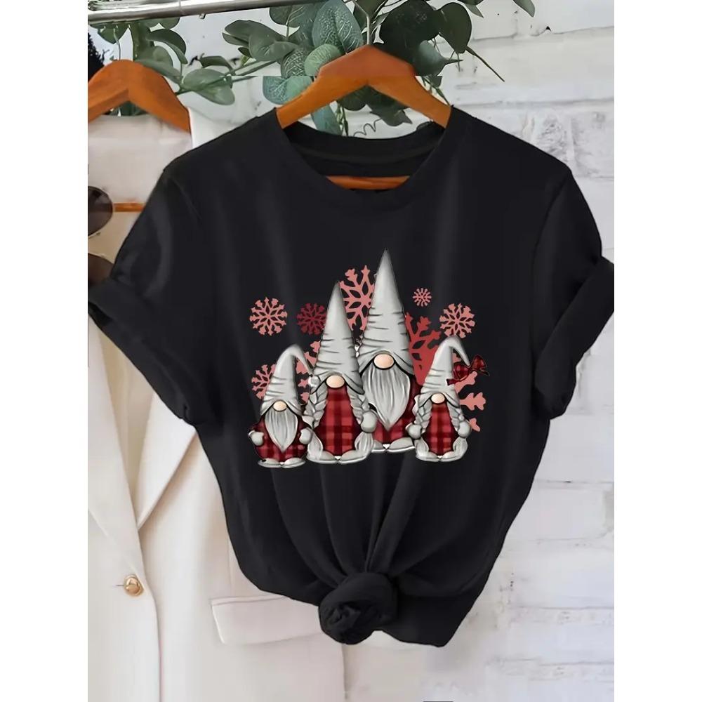 Women's Christmas Dwarf Pattern T-shirt Short Sleeve Round Neck Casual Top Washable Holiday Party Women's Clothing