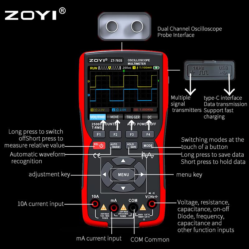 ZOYI ZT703S 3 в 1 цифровой мультиметр полоса пропускания 50 МГц скорость 280 мс ПК хранение данных формы сигнала двойной осциллограф генератор сигналов