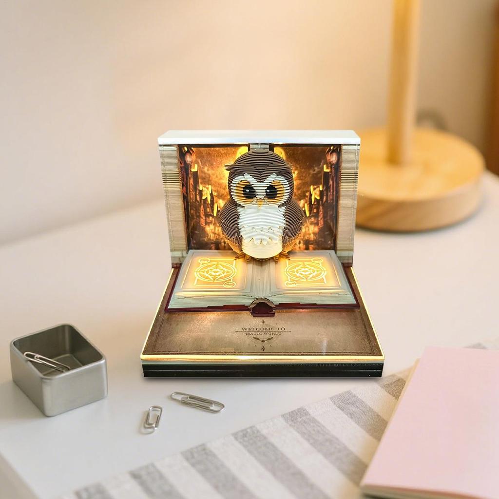 Time Piece Calendar 2026 Desk Calendar With Light 3D art Owl Calendar Paper Carving Art Memo Pad Notepad Gift for Christmas gift