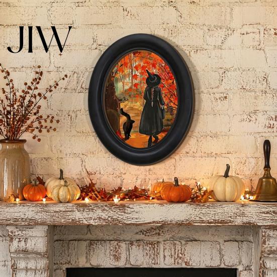 Vintage Style Halloween Decoration Ghost Wall Decor, Cute Table Sign, Oval Framed Black Art Picture, Decorative for Mantel Living Room Bedroom