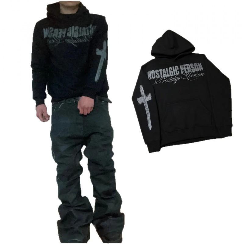 2026 Streetwear Hoodie Gothic Punk Abstract Print Oversized Unisex Long Sleeve Pullover Teens