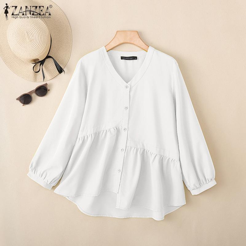 ZANZEA Женская повседневная однотонная свободная блузка с V-образным вырезом и длинным рукавом