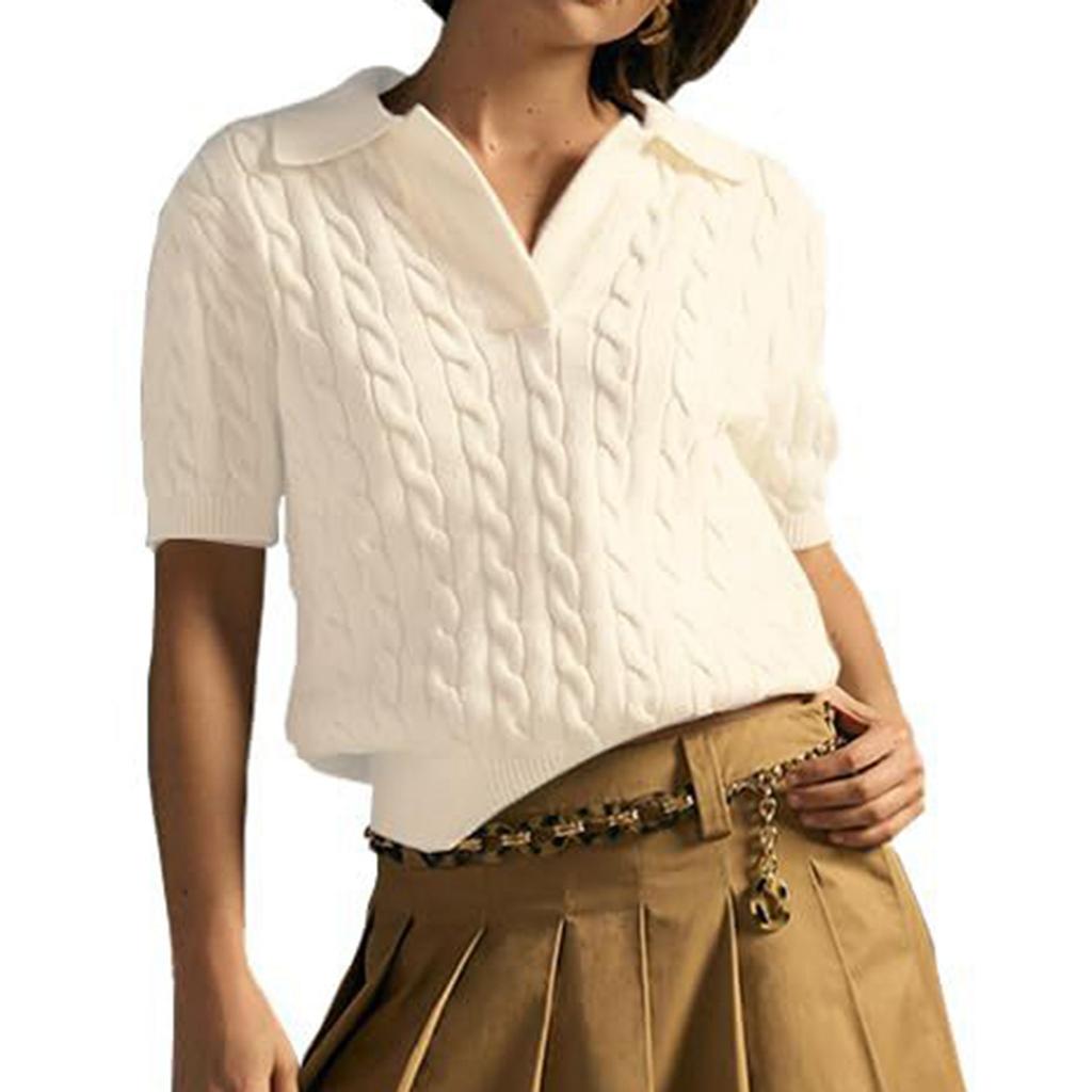 Women's Fashionable Short Sleeved V-neck Solid Color Knitted Pullover