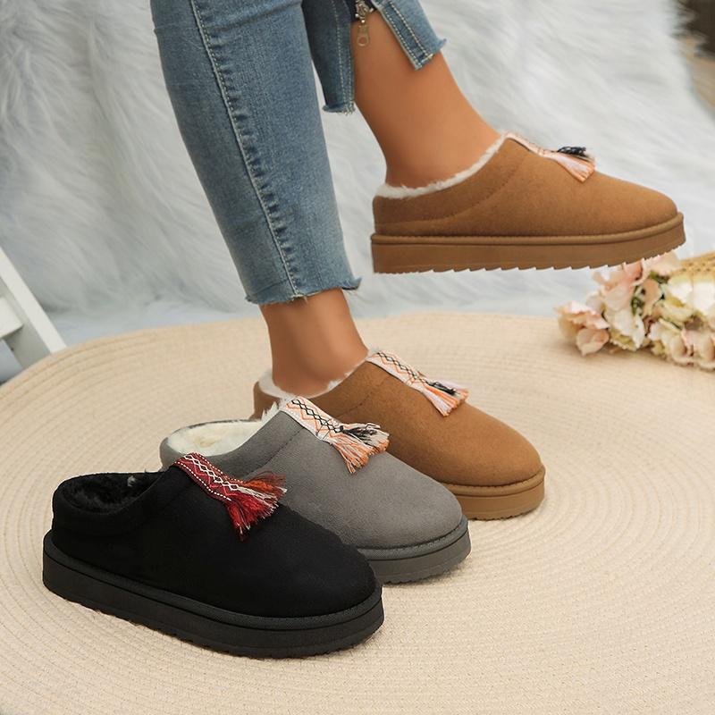 New Style Color-blocked Tassel Decorated Women's Shoes Winter Casual Flat Comfortable Warm Fashionable Short Boots Zapatos Mujer
