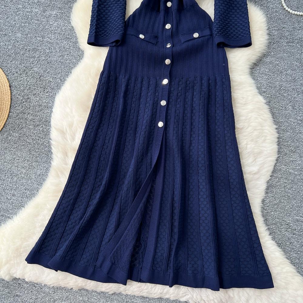 Autumn Winter Women Elegant SP Hollow Out Knitted Sweater Long Midi Christmas Party Split Dresses