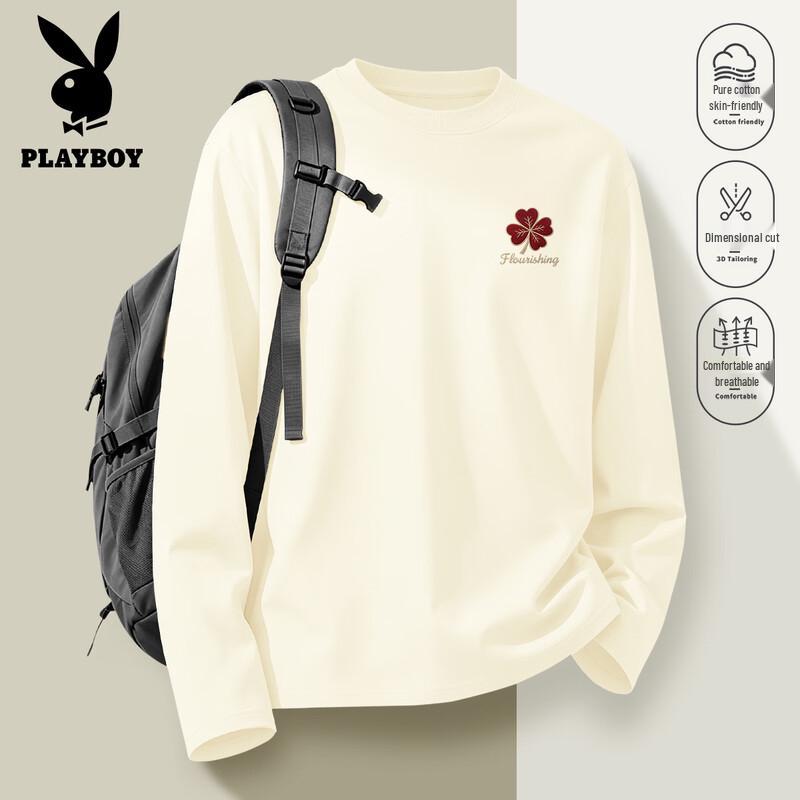 PLAYBOY Men's Cotton Long-Sleeve Clover Print Crewneck T-Shirt