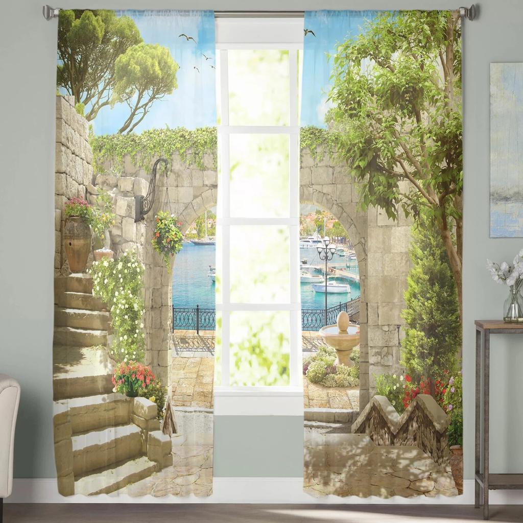 Italian Arches Building Seascape Sheer Curtains for Living Room Bedroom Decoration Chiffon Tulle Voile Kitchen Window Curtain