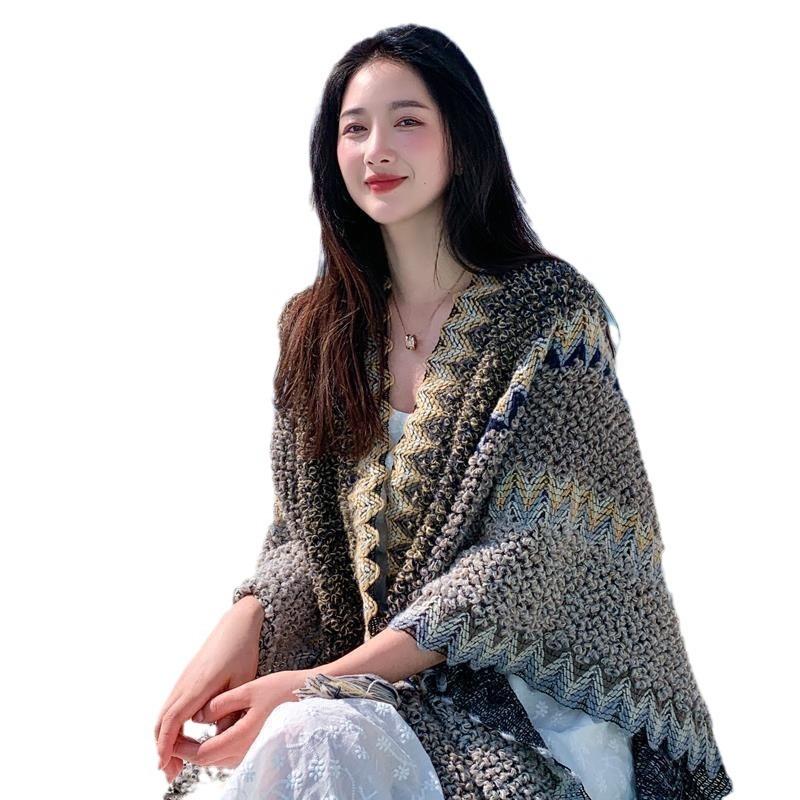 Yunnan Lijiang Travel Outside with Knitted Shawl Retro Cape Cape Fringed Scarf Holiday Wear