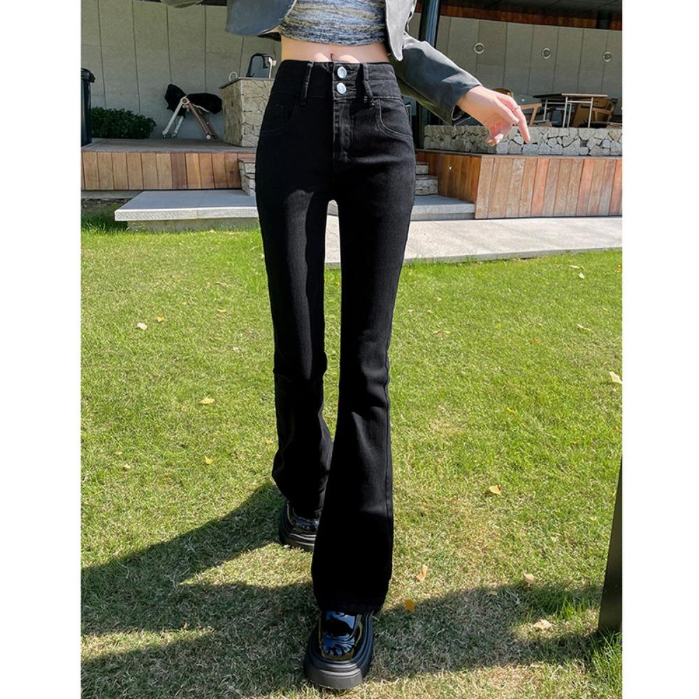 Весенне-осенние новые джинсы микро-клеш с двойной пряжкой женские с высокой посадкой облегающие и тонкие эластичные джинсы клеш тренд