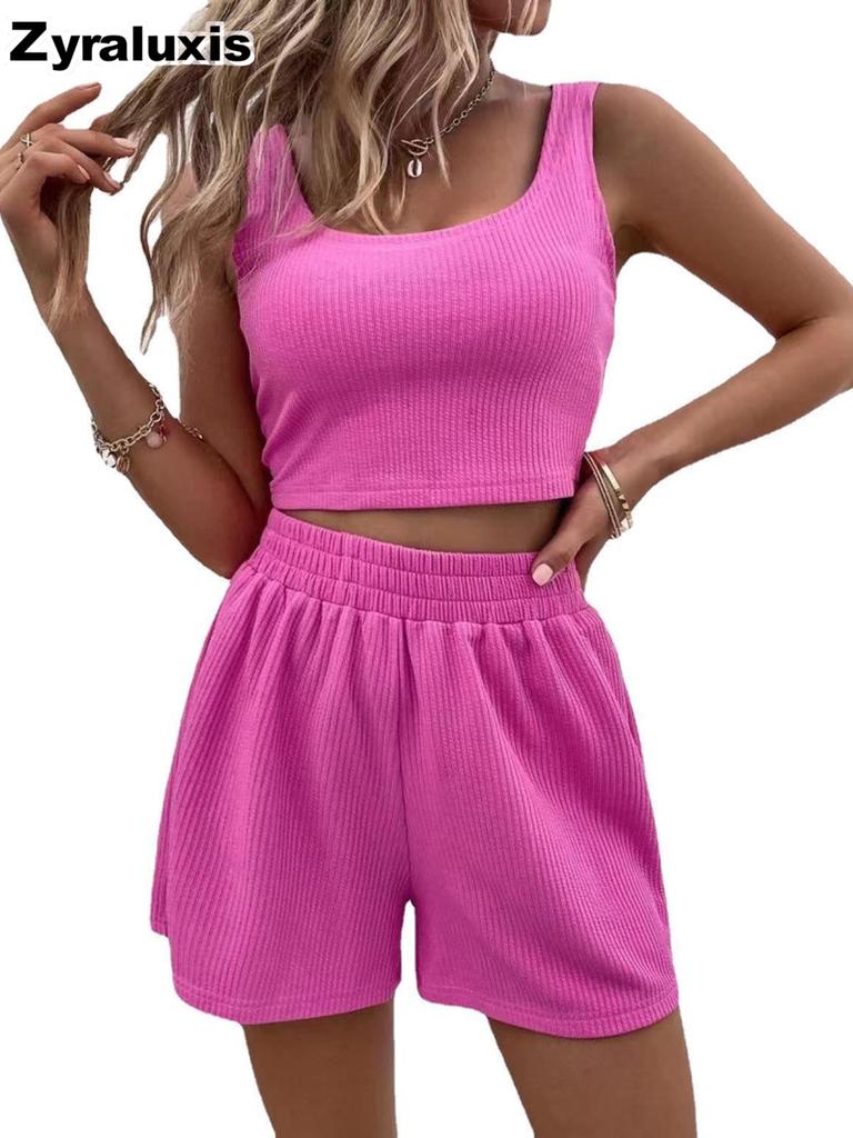 Summer Sweet Girl Breeze Knit Sleeveless Fashion Casual Solid Color Set Cute Girls Outfit