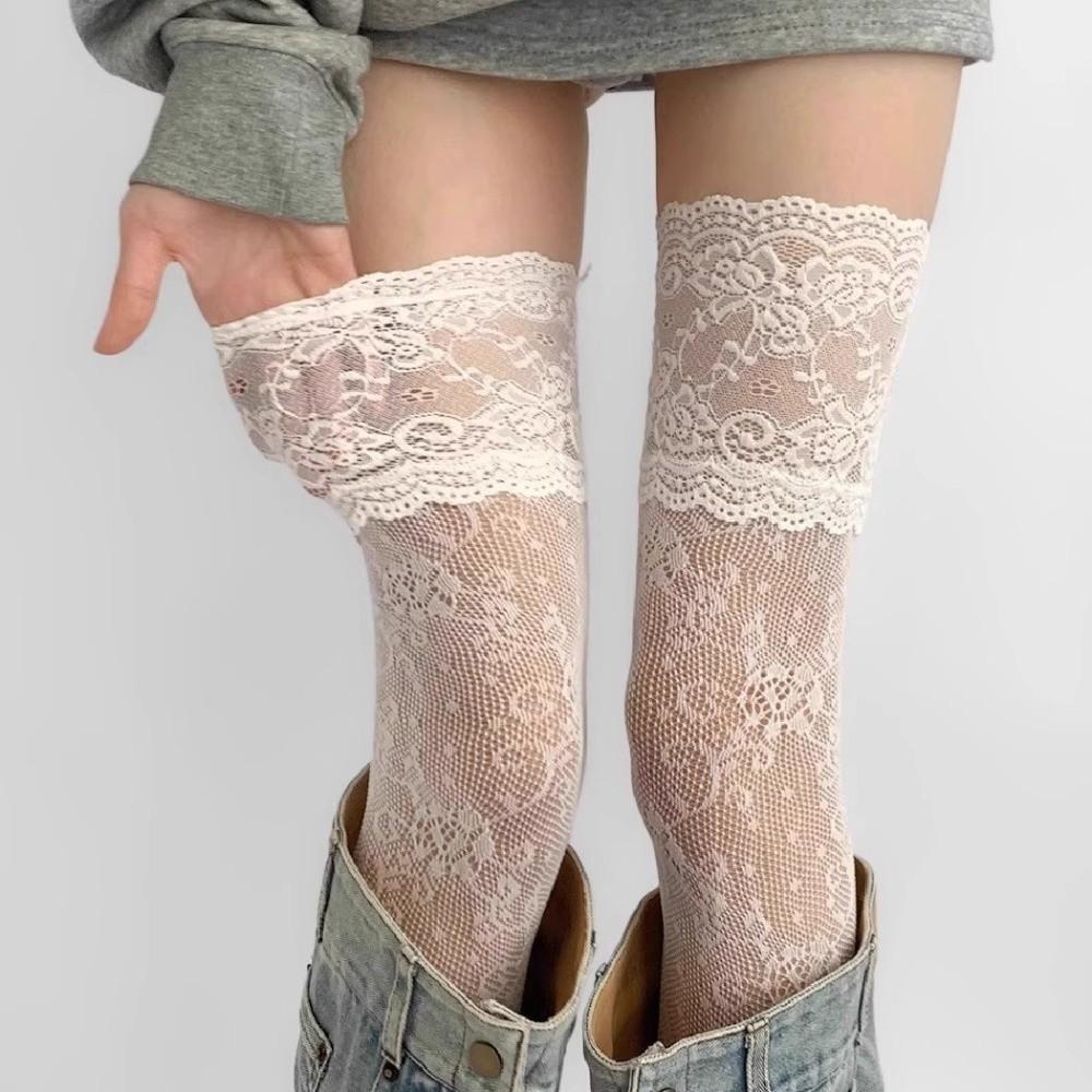 Elastic Lace Trim Stockings Floral Fishnet Stockings Personalized Over The Knee Socks Girl