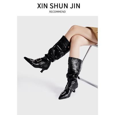 Новая тяжелая промышленность большой обхват голенища модные ботфорты для наслоения длинные ботинки плиссированные модные ретро полированные высокие рыцарские ботинки