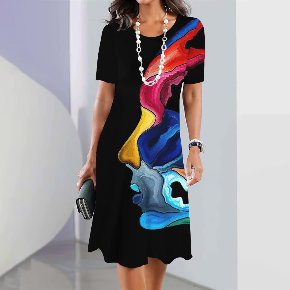 2024 Новые платья с 3D-принтом лица для женщин, элегантные платья миди, летнее женское платье с коротким рукавом, модная одежда больших размеров