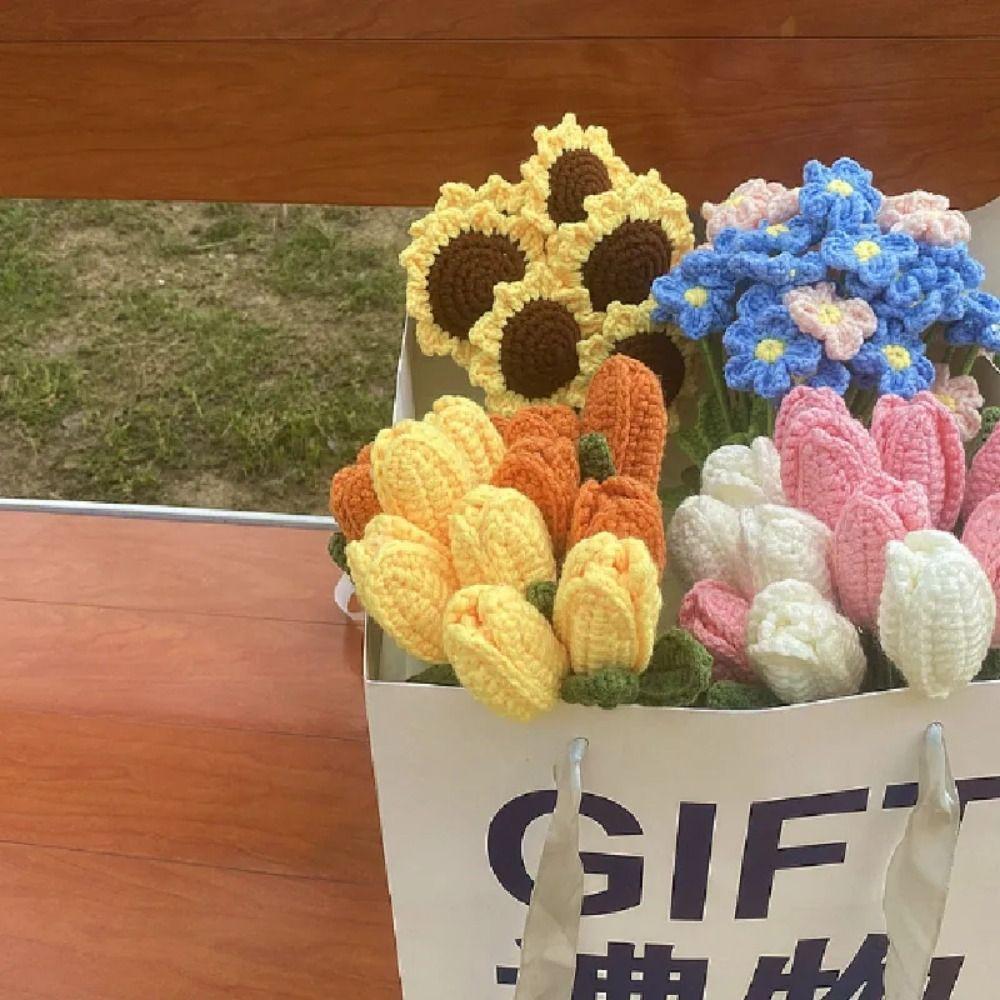 House DIY Finished Product Sunflower Bouquet Vase Ornament Knited Flower Table Fake Flowers