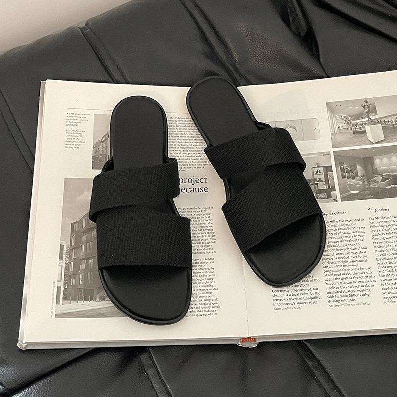 Стильные, простые и универсальные льняные шлепанцы с квадратным носком, открытым носком и плоской подошвой для женской летней уличной носки 2025 года, домашние пляжные прохладные шлепанцы