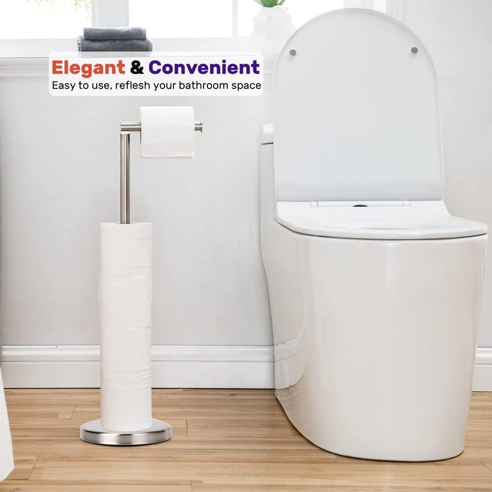 Stainless Steel Brushed Silver Toilet Paper Stand with Weighted Base & 4-Spare Capacity