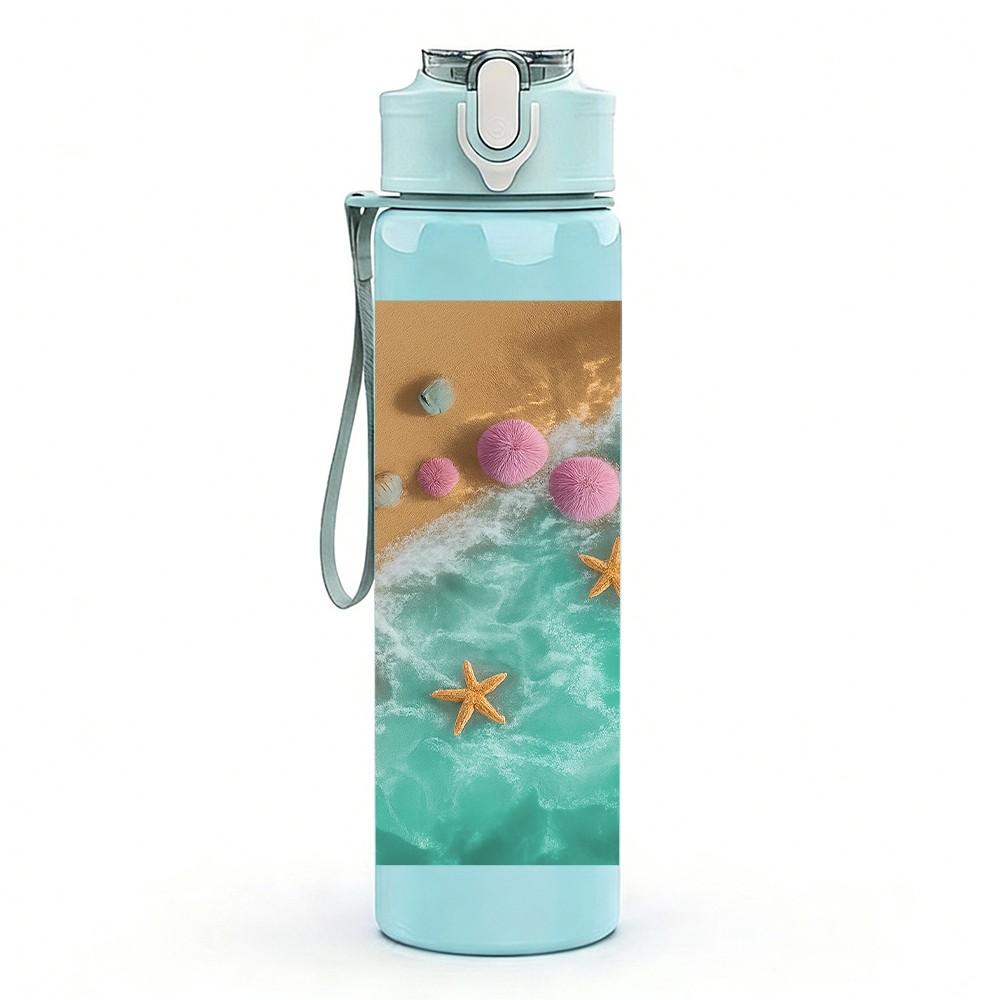 1PC Beach Ocean Sand Scene Art 750ml Color Plastic Sports Water Bottle Leakproof Flip Straw Lid Suitable for Sports Office Home Use