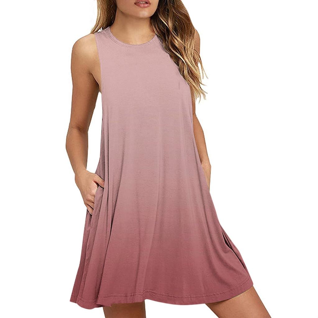 Women's Fashion Casual Round Neck Printed Sleeveless Sexy Pocket Dress