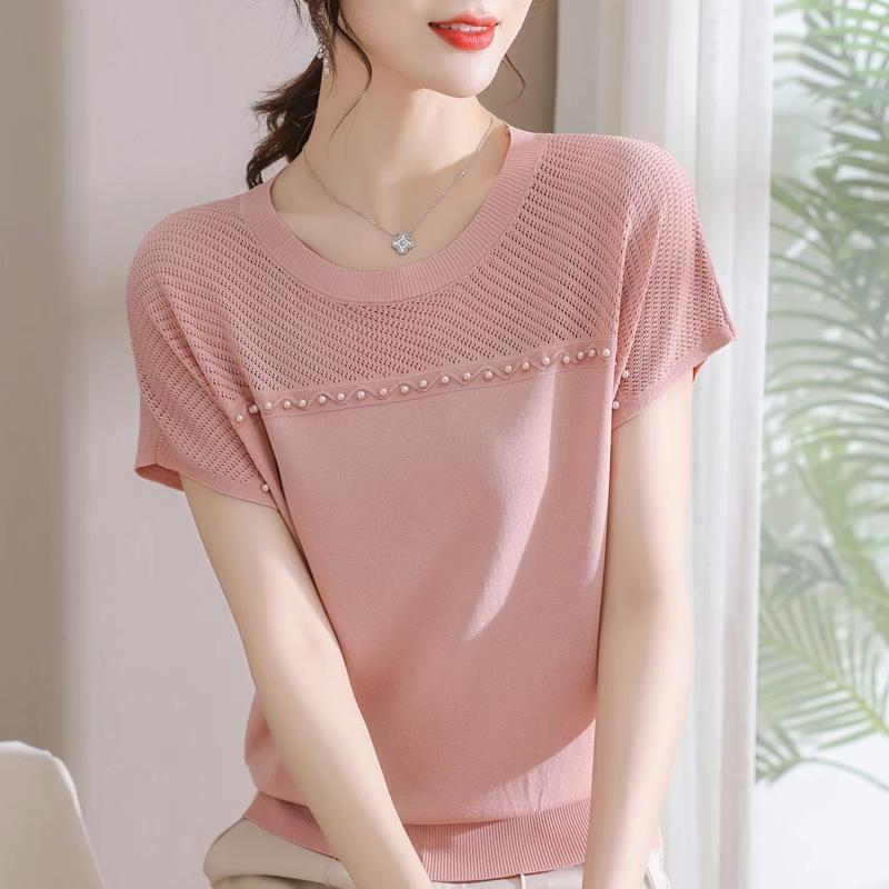 Summer Women's Knitted Shirt Top Short Sleeve Thin Ice Silk T-shirt Versatile and Loose