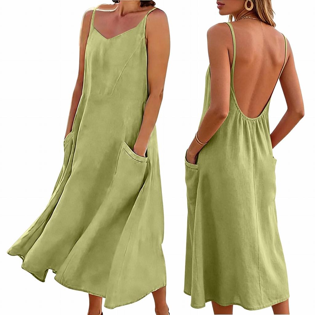 Ladies' Color Casual Fashion Strap Pocket Dress