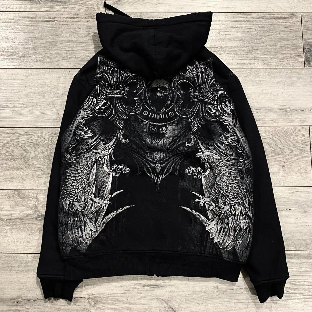 Американская мода Ecko Унисекс Готическое худи Y2K Оверсайз Толстовка на молнии Темная уличная толстовка с принтом черепа Пара Кэжуалпанк