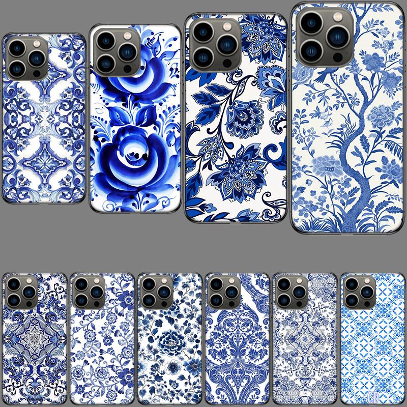 Сине-белый фарфоровый узор Чехол для телефона Для iPhone 16E 15 Pro 14 Plus 17E 16 17 Pro Max Air 11 12 13 Mini Ударопрочный Capa Cut