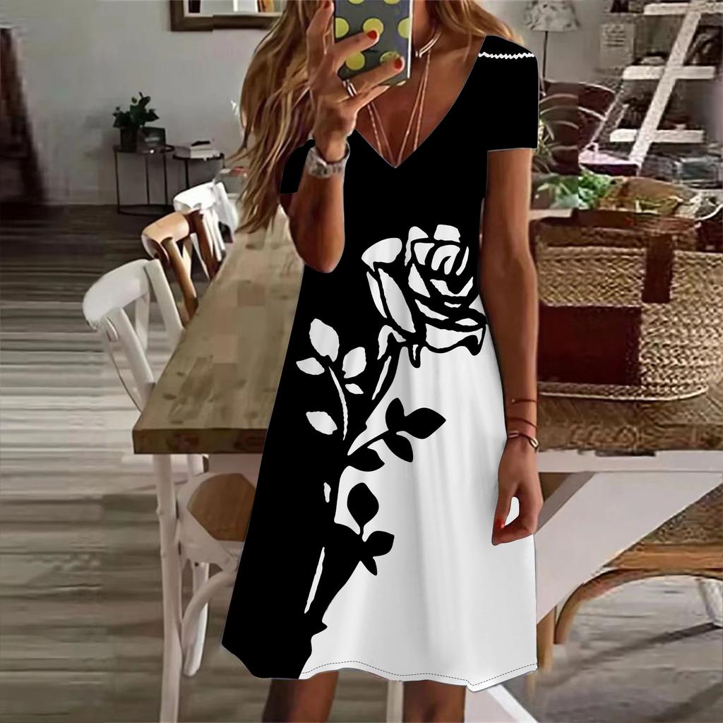 Summer Fashion Women's V Neck Short Sleeve Flower Printed Dress Sex Short Skirt Dresses