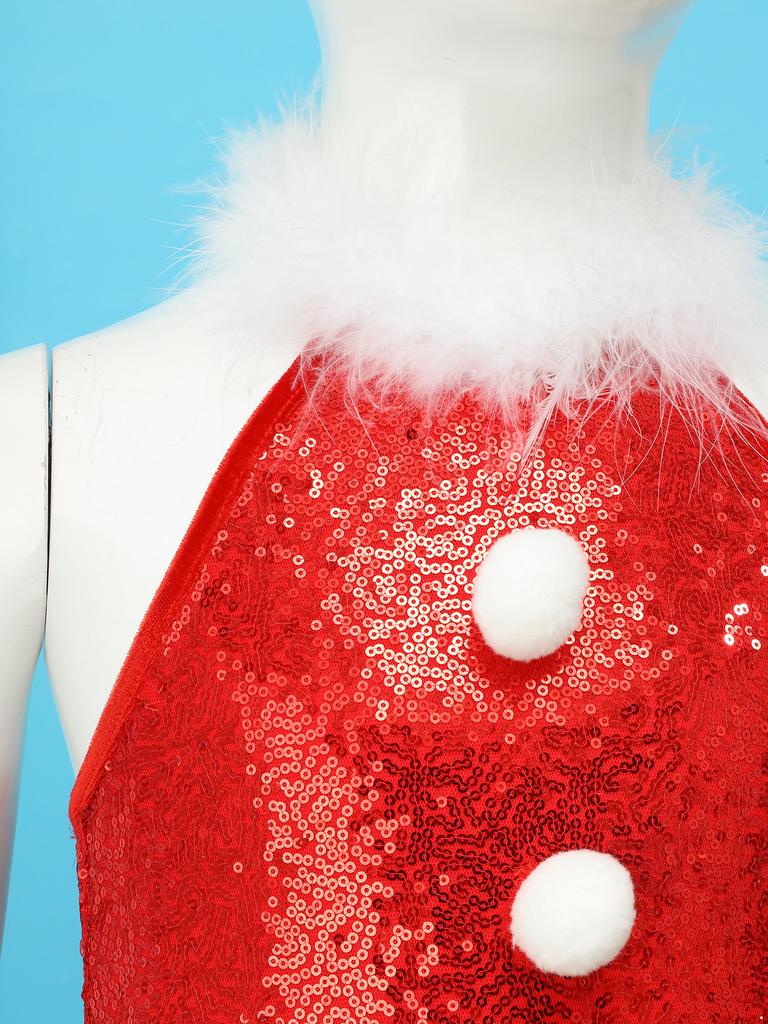 Girl Christmas Costume One Piece Sleeveless Velvet Bodysuit Plush Sequins Flared Jumpsuit Arm Sleeve Set