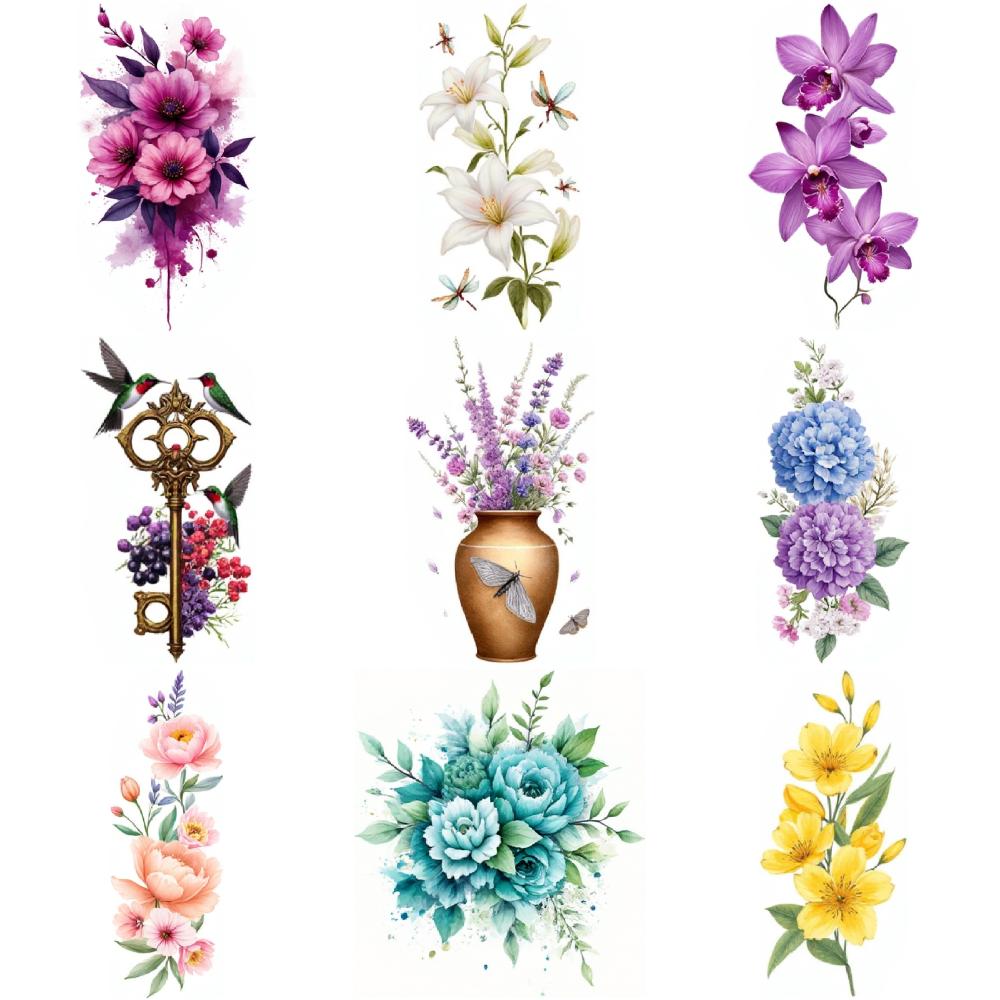9pcs Temporary Tattoo Temporary Tattoo Stickers Butterfly With Lavender Flowers Orange Alstroemeria Flowers Yellow Daffodils For