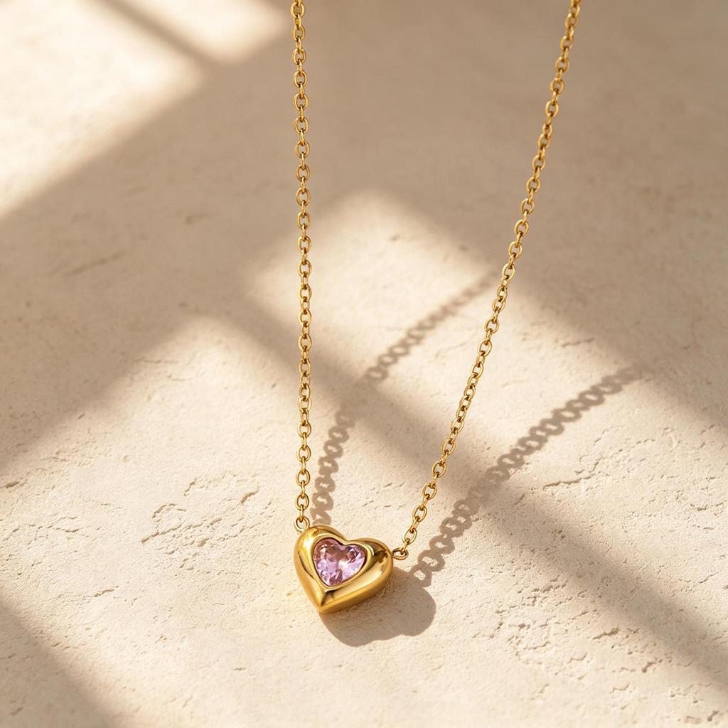 18K Gold-Plated Colorful Zirconia Heart Necklace - Titanium Steel Clavicle Chain
