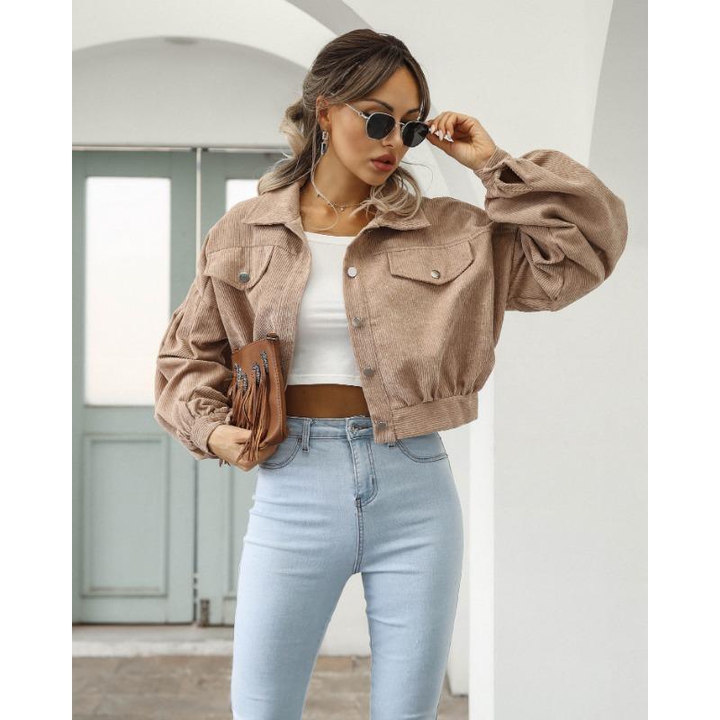 Женская повседневная вельветовая куртка с лацканами, осенне-зимняя однобортная короткая куртка с рукавами-фонариками