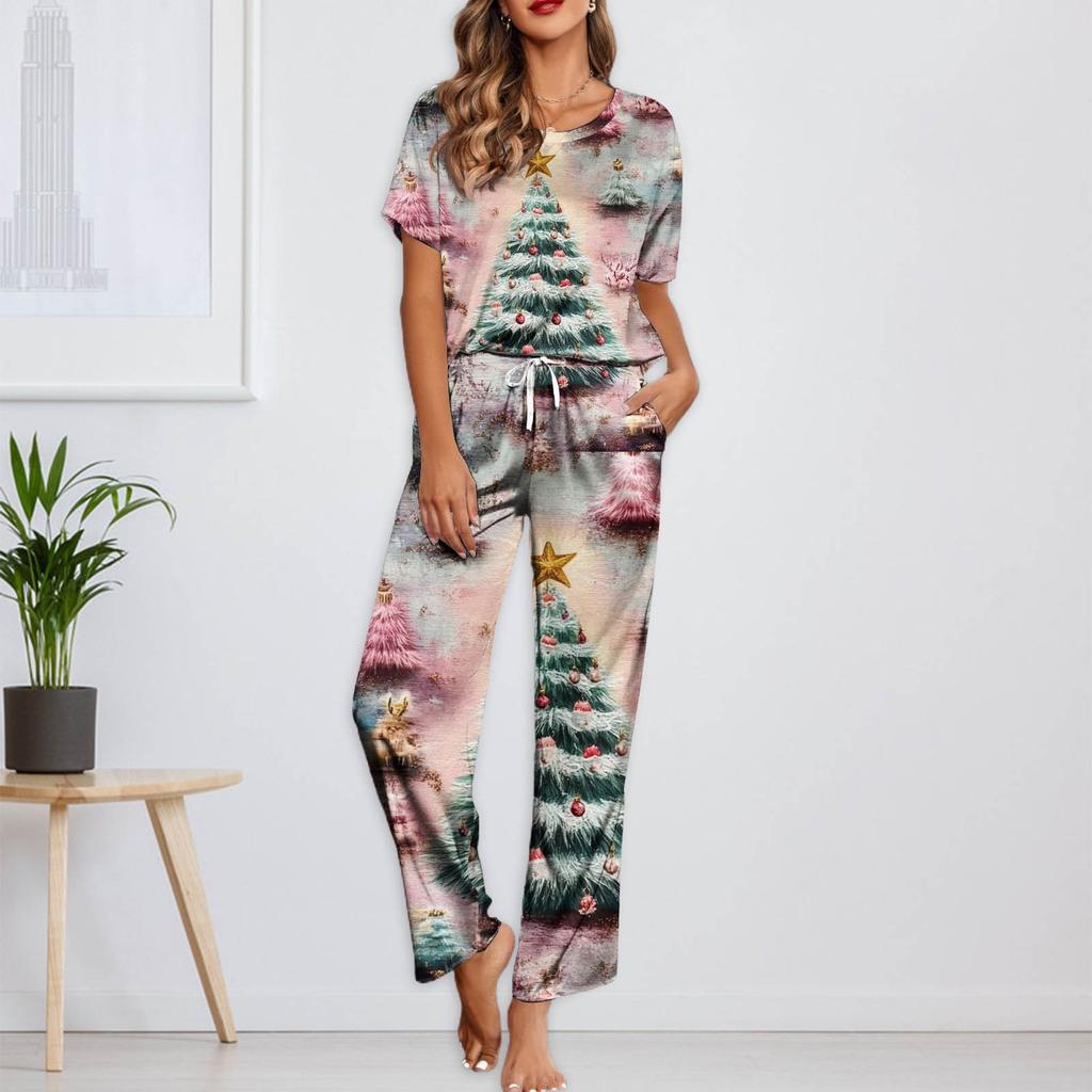Женский шелковый атласный пижамный комплект с рождественским принтом, рубашка с коротким рукавом и длинные пижамные штаны, мягкая домашняя одежда