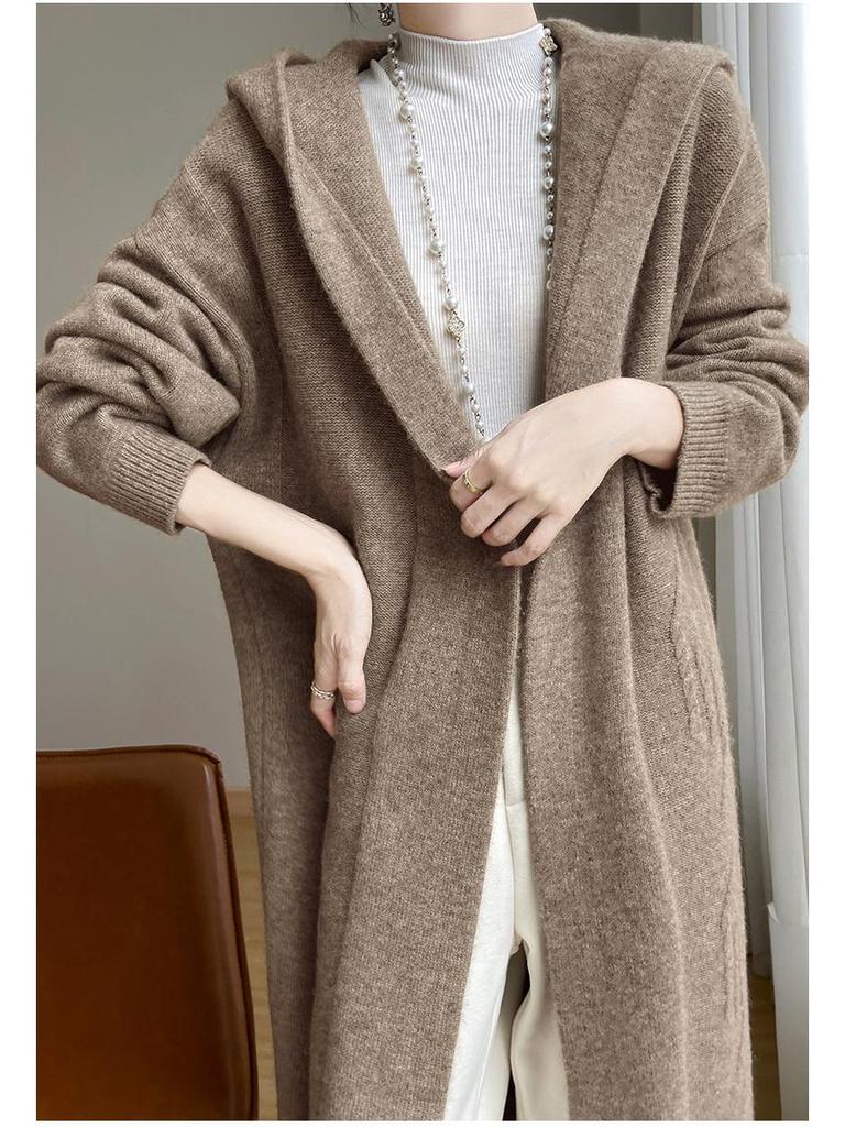 Women's Hooded Over-the-Knee Wool Knitted Cardigan - Thick, Loose, Buttonless Outerwear for Autumn/Winter