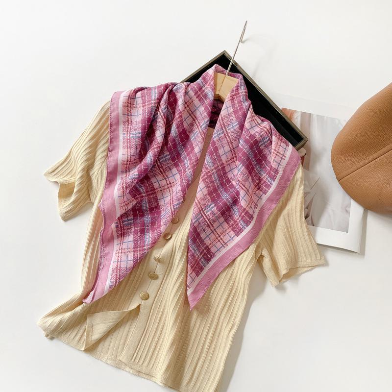 Lightweight Chiffon Silk Square Scarf Classic Plaid Check Print Bandana for Women Beach Vacation Neck Hair Headband Accessory