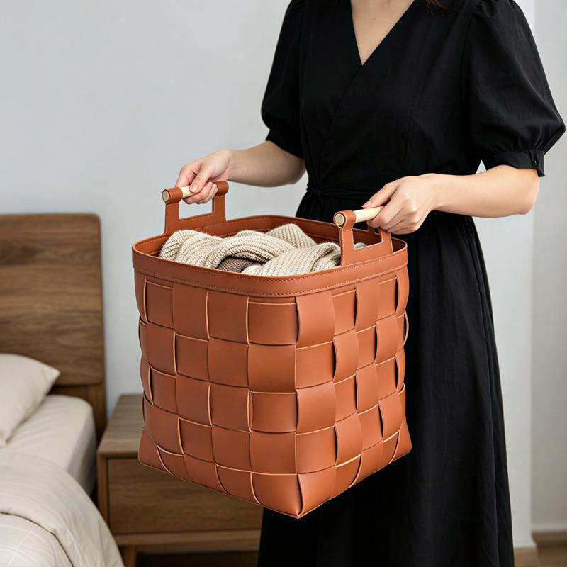 Saddle Leather Woven Storage Basket, Vintage Rattan Tote Basket, Large Capacity Home Organizer for Clutter, Eco-Friendly